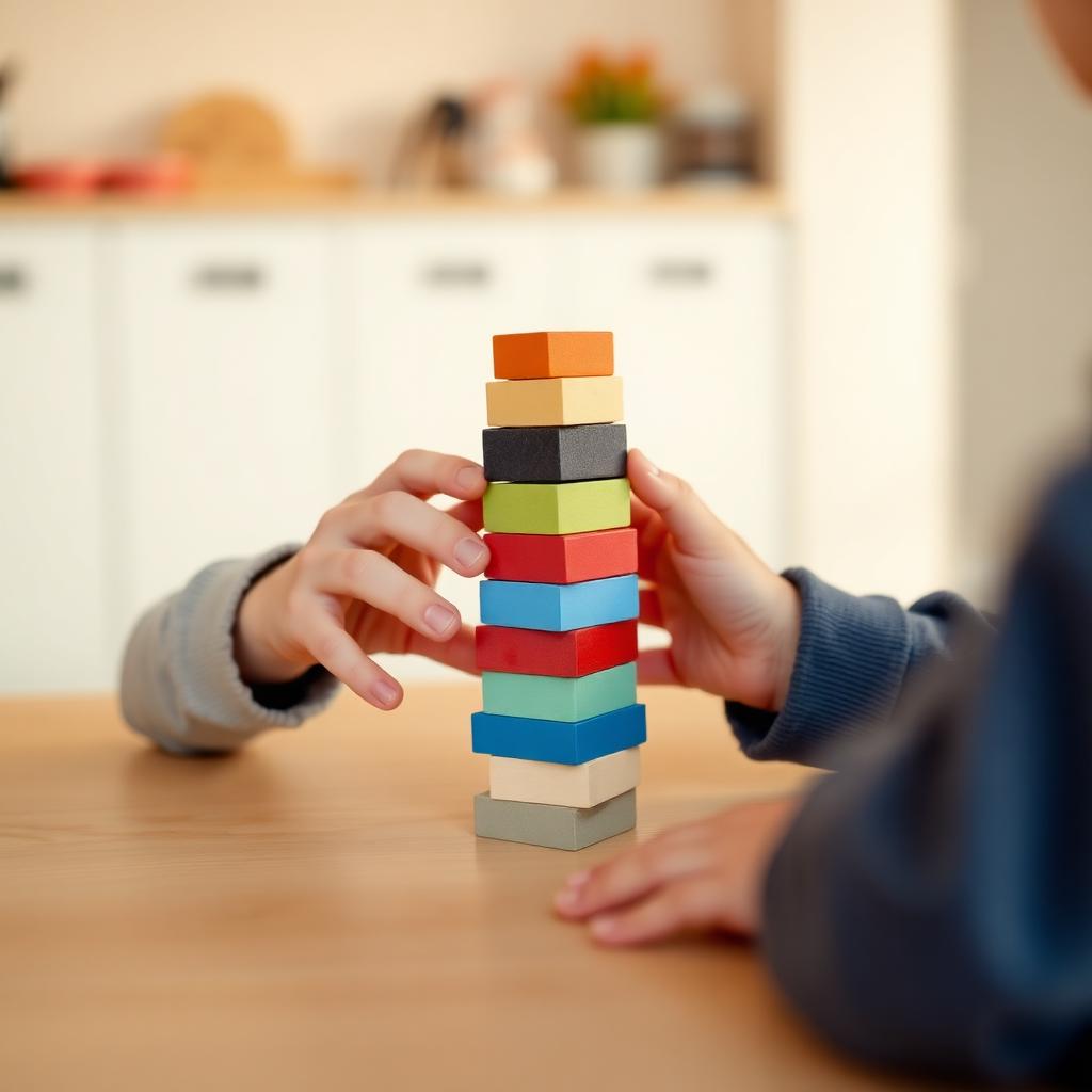 Child building a colorful tower