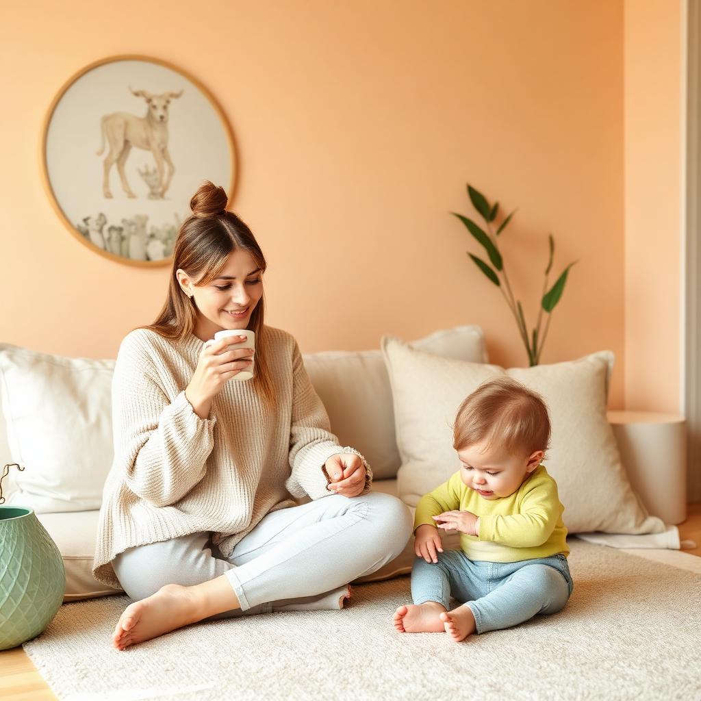 Calm parent enjoying a coffee while child plays